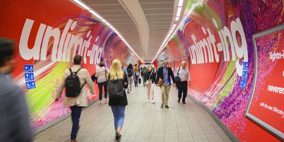 Virgin Media's tunnel wrap ad at Kings Cross.