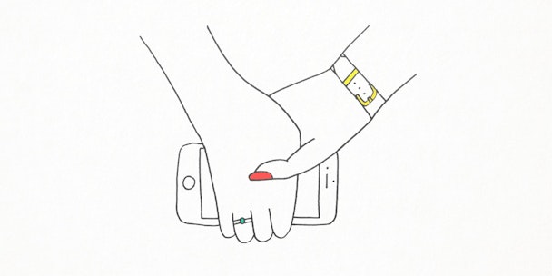 A line drawing of two people holding hands.