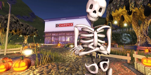 Skeleton in front of Chipotle Roblox store