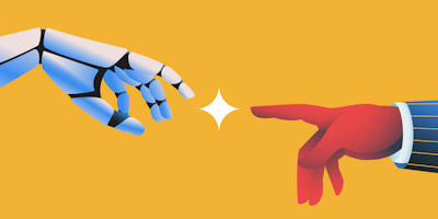 robot hand reaching out for human hand illustration