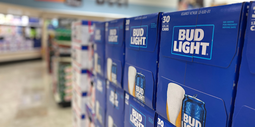 Boxes of Bud Light six-packs in grocery store