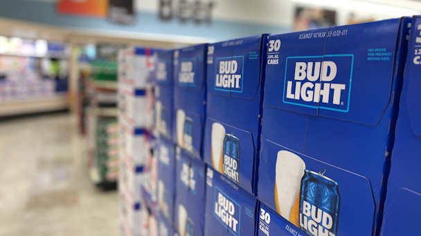 Boxes of Bud Light six-packs in grocery store