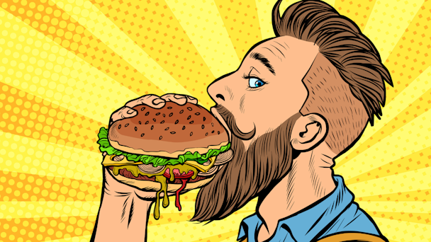 Illustration of guy eating burger 