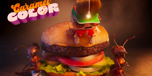Lil Sugar character sitting on top of a burger