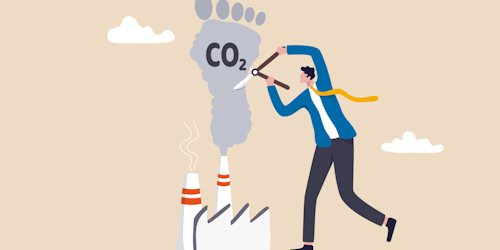 Illustration of man cutting down carbon emissions with scissors