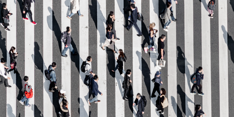 Aerial view of busy crosswalk in Japan