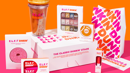 Dunkin' donut box and e.l.f. makeup products against pink and orange background