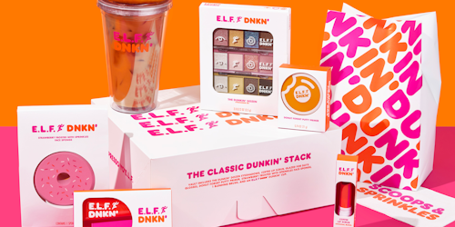 Dunkin' donut box and e.l.f. makeup products against pink and orange background