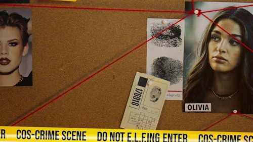 Crime scene detective bulletin board with red string and images of female suspects