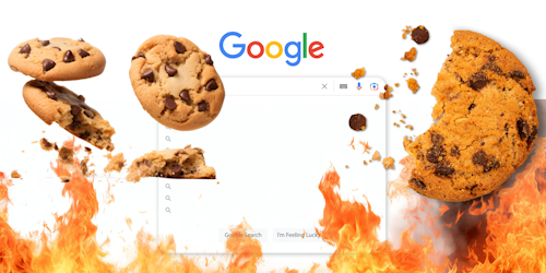 Cookies crumbling into flames against Google Chrome search background