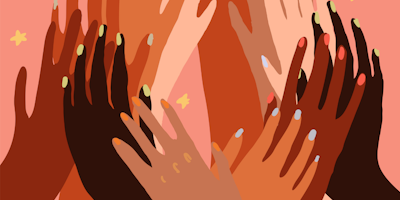 Hands of various skin tones overlapping on pink background