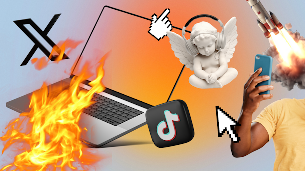 Chaotic media collage with X and TikTok logos, phone, laptop