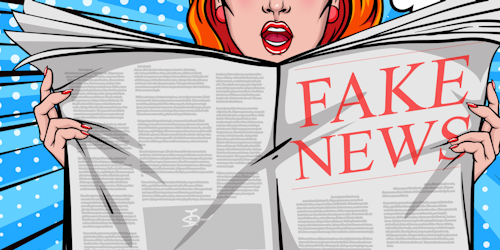 Illustration of woman holding newspaper with Fake News printed on the front page