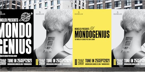 Moncler out of home ad on the street featuring back of woman's head Moncler out of home ad on the street featuring back of woman's head