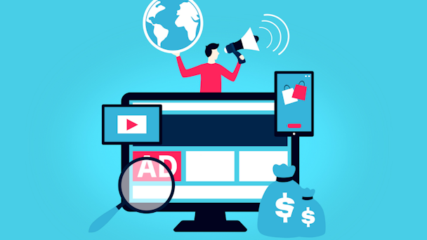 Computer illustration depicting ad buying