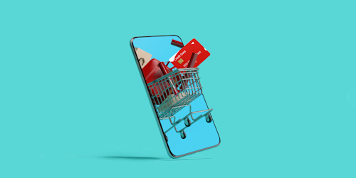 3D shopping cart and credit card coming out of mobile phone screen