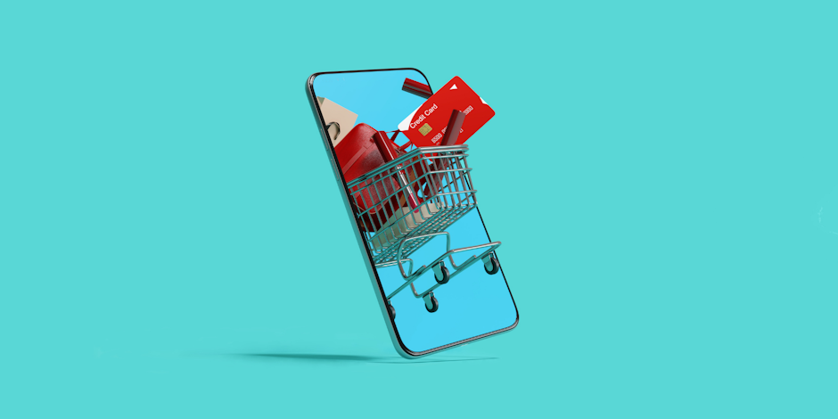3D shopping cart and credit card coming out of mobile phone screen