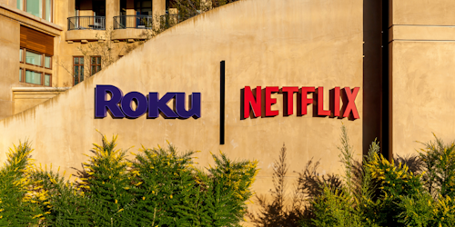 Roku and Netflix signs on a building in Los Gatos, California