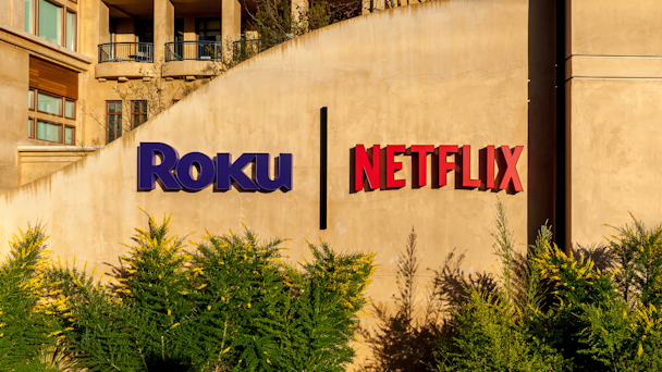 Roku and Netflix signs on a building in Los Gatos, California