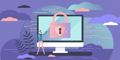 Illustration of guy in front of computer screen with lock icon