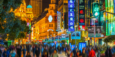 Shanghai's Nanjing Road filled with pedestrians at night