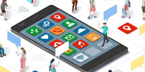 Smartphone illustration with people standing around phone Smartphone illustration with people standing around phone