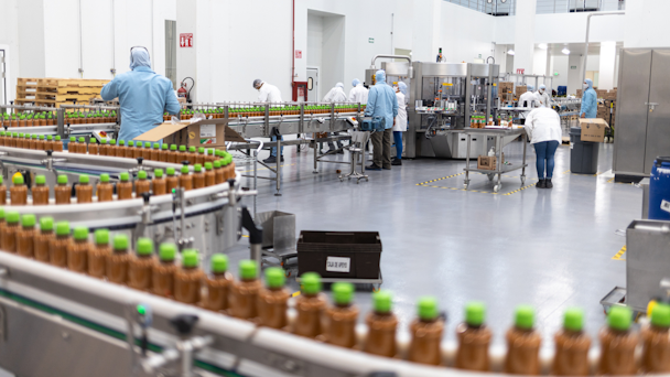 Tajín factory with workers and assembly line full of spices