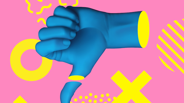 Blue thumbs down symbol with hand against pink and yellow background