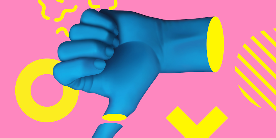 Blue thumbs down symbol with hand against pink and yellow background
