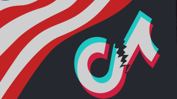 American flag juxtaposed against broken TikTok logo