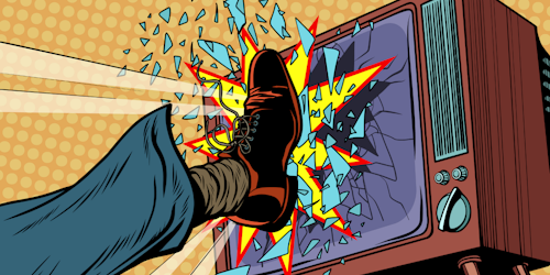 Shoe kicking TV screen in