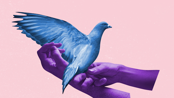 Digital rendering of purple hands holding blue bird 
