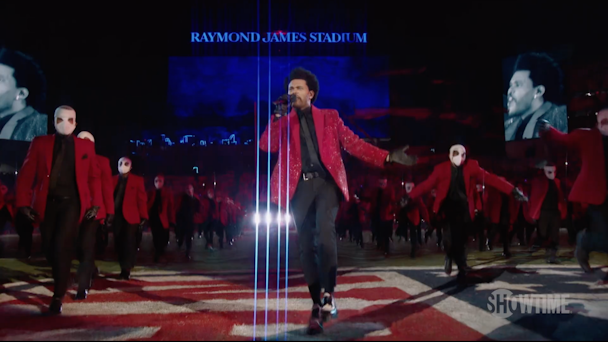 The Weeknd onstage at Pepsi Super Bowl LV Halftime Show in 2021