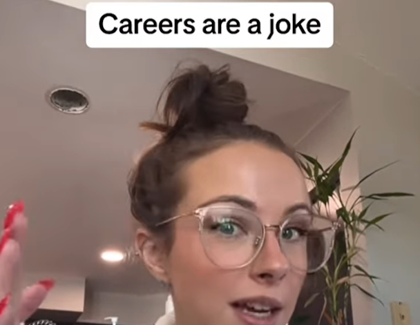 A woman's face from an Instagram video, featuring the phrase 'careers are a joke'