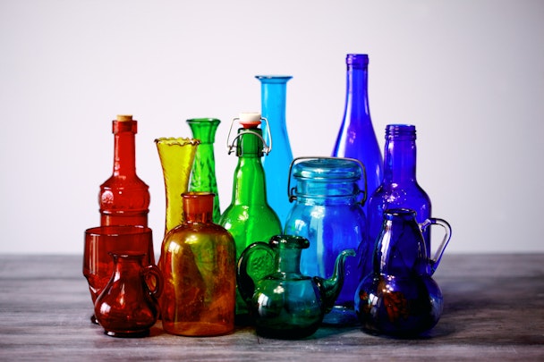 An assortment of colorful glass bottles