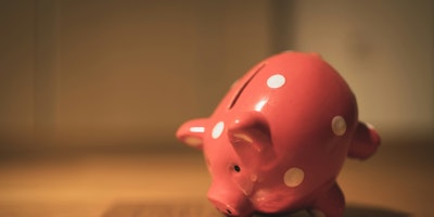 A piggy bank and some coins