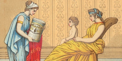 A lithographic work of art, depicting two women, a child, and a large can of milk
