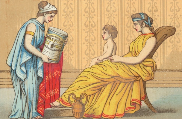 A lithographic work of art, depicting two women, a child, and a large can of milk