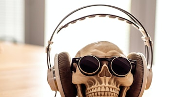 A skull wearing headphones and dark glasses