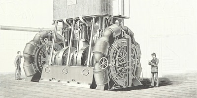 A line drawing of a large automation machine, dwarfing two Victorian people beside it