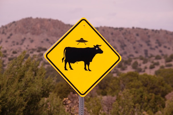 A strange road sign, with a UFO and a cow