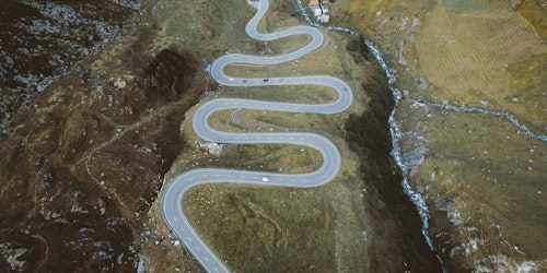 A winding American road, viewed from above