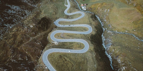 A winding American road, viewed from above