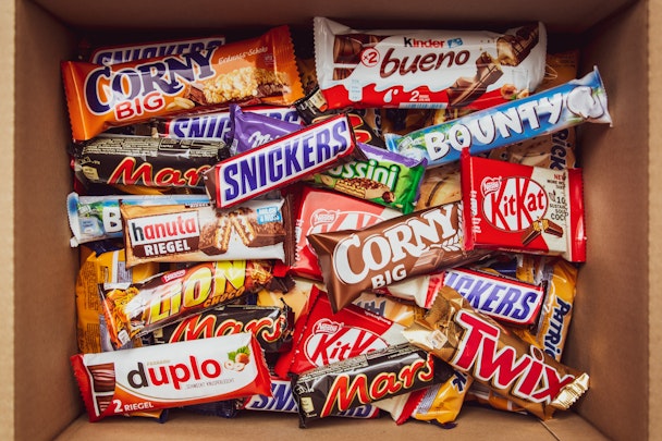 A cardboard boxed filled with branded chocolate bars