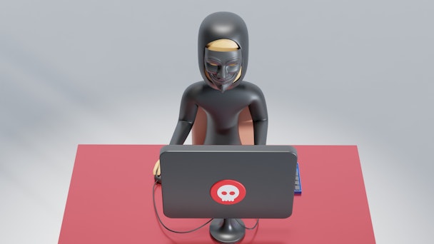 A 3D cartoon of a nefarious hacker on a laptop