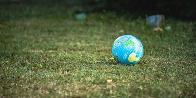 A tiny globe lying on a bed of grass