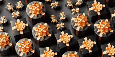 A grid of boxed gifts in black and gold