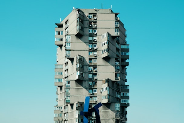 A brutalist tower block