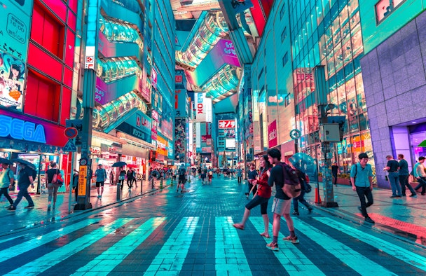 A futuristic neon shopping environment