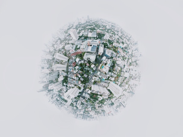A 360-degree aerial shot of a city